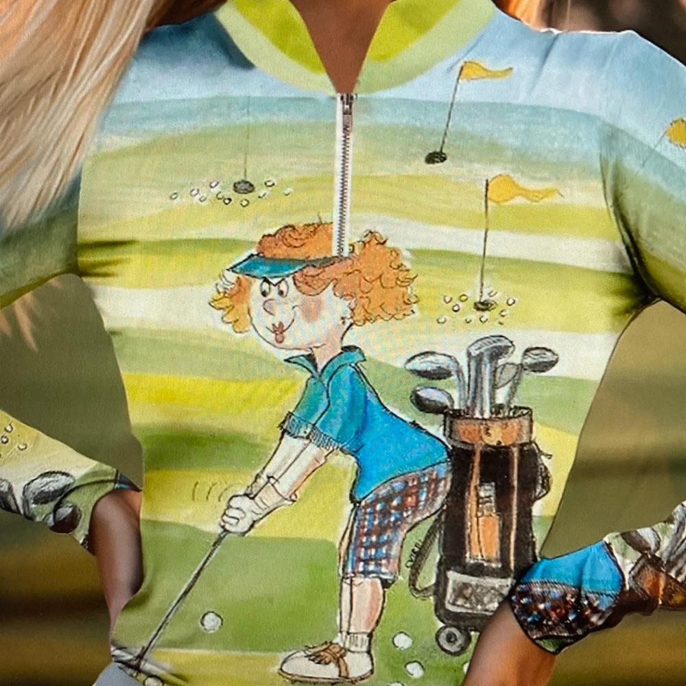 cartoon golf lady shirt zipper front long sleeve New